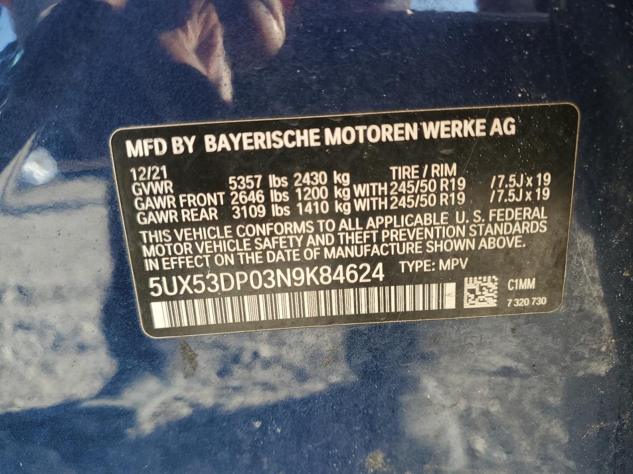 2022 BMW X3 xDrive30I VIN: 5UX53DP03N9K84624 Lot: 84047545