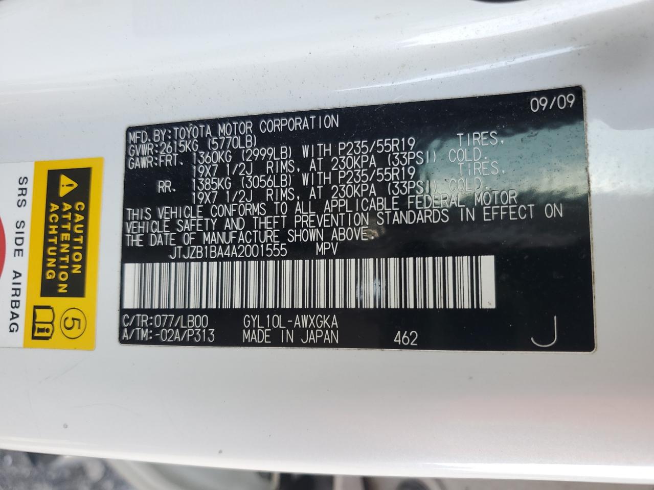 2010 Lexus Rx 450H VIN: JTJZB1BA4A2001555 Lot: 85276115