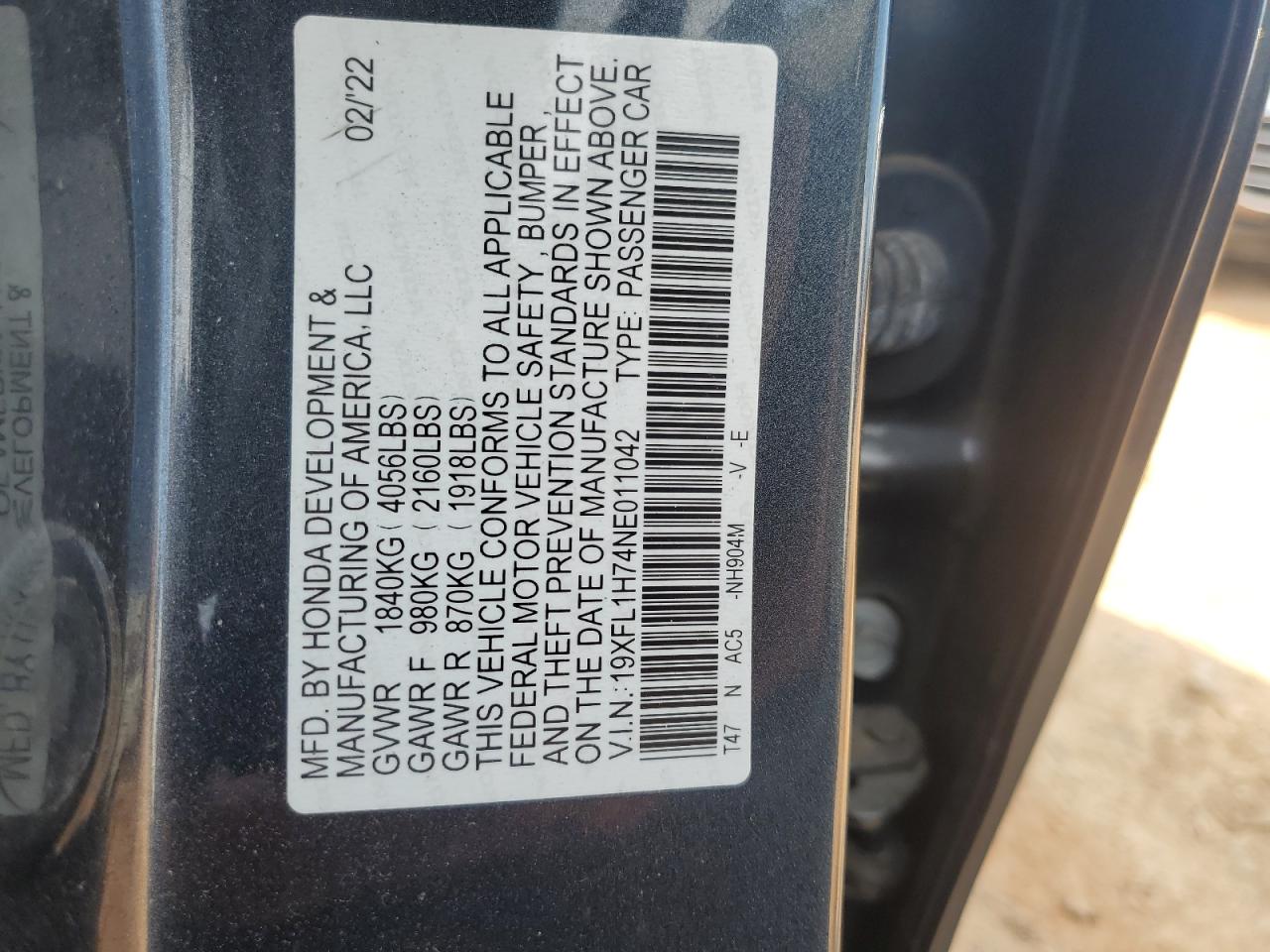 2022 Honda Civic Exl VIN: 19XFL1H74NE011042 Lot: 81987435