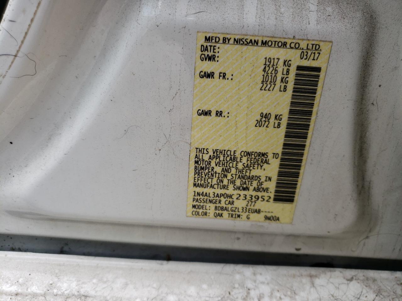 2017 Nissan Altima 2.5 VIN: 1N4AL3AP0HC233952 Lot: 82304405