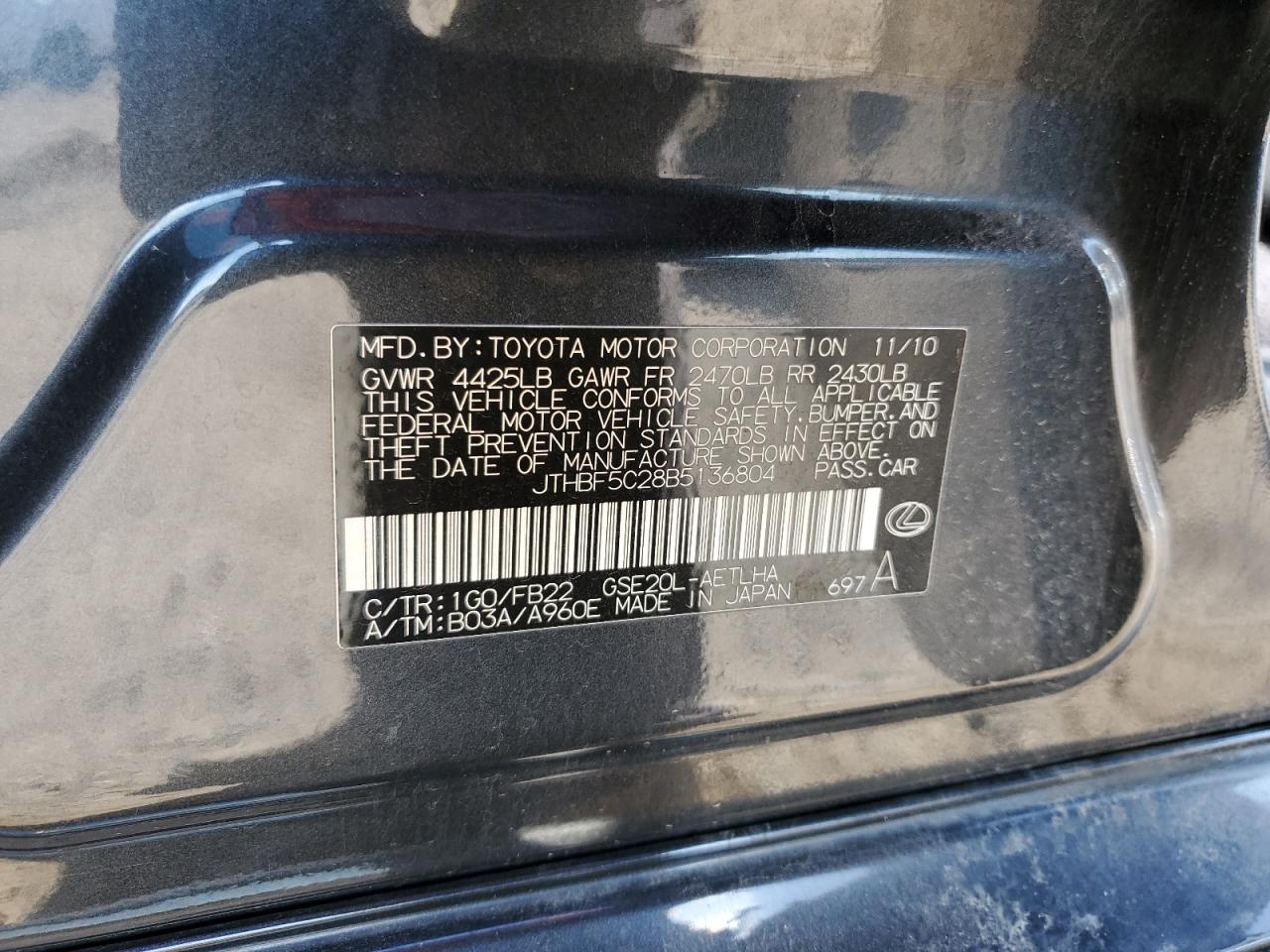 2011 Lexus Is 250 VIN: JTHBF5C28B5136804 Lot: 90135915