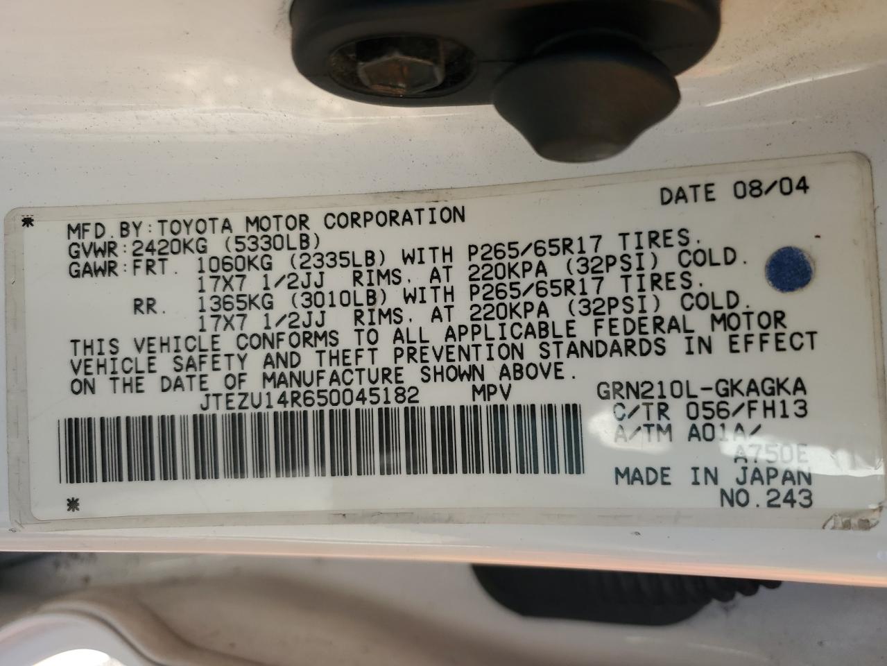 2005 Toyota 4Runner Sr5 VIN: JTEZU14R650045182 Lot: 85390135