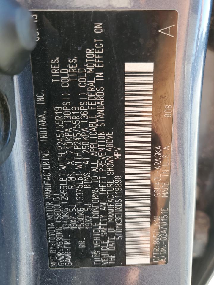 2013 Toyota Highlander Limited VIN: 5TDYK3EHXDS119898 Lot: 85532055