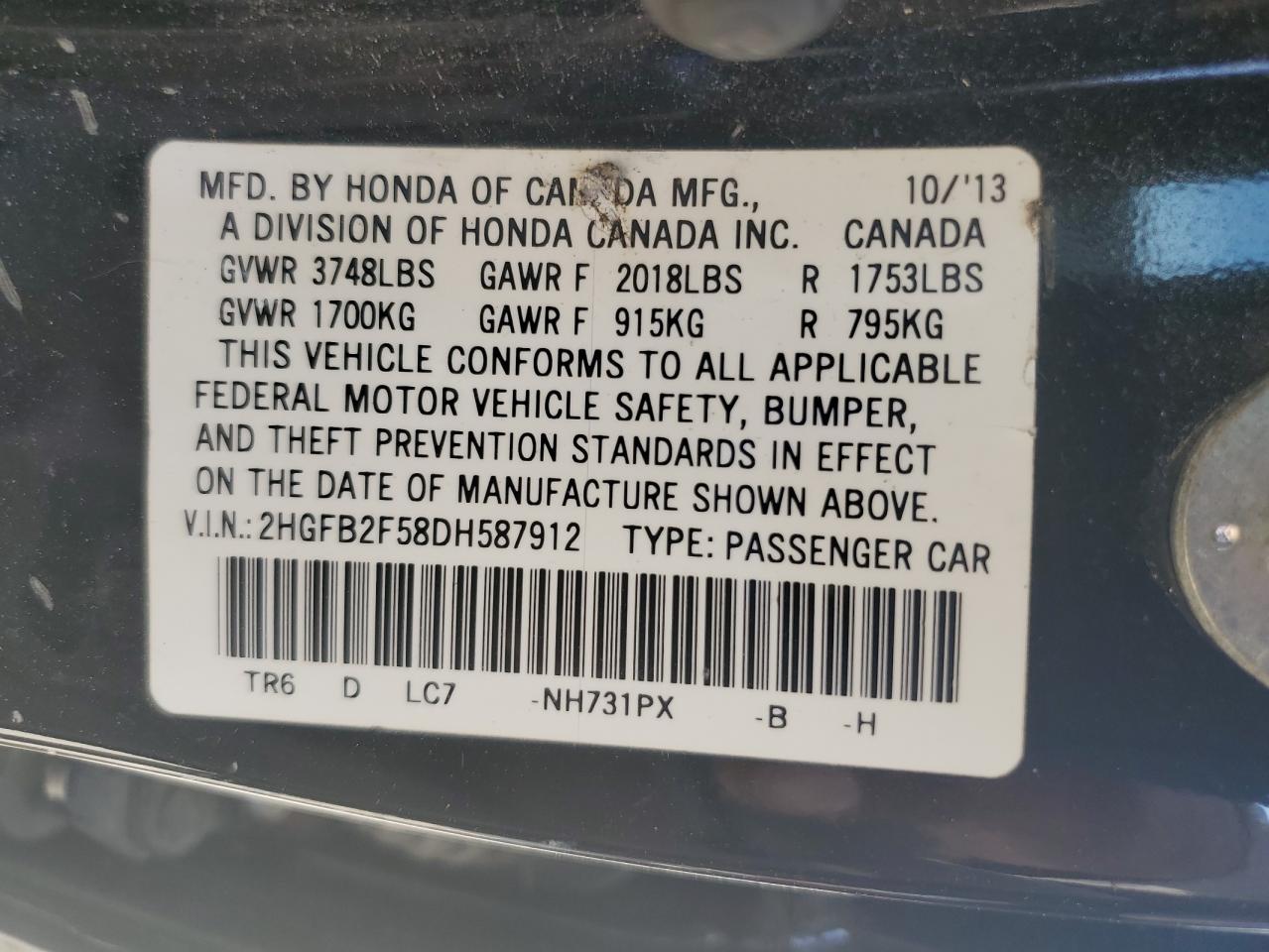 2013 Honda Civic Lx VIN: 2HGFB2F58DH587912 Lot: 84645235