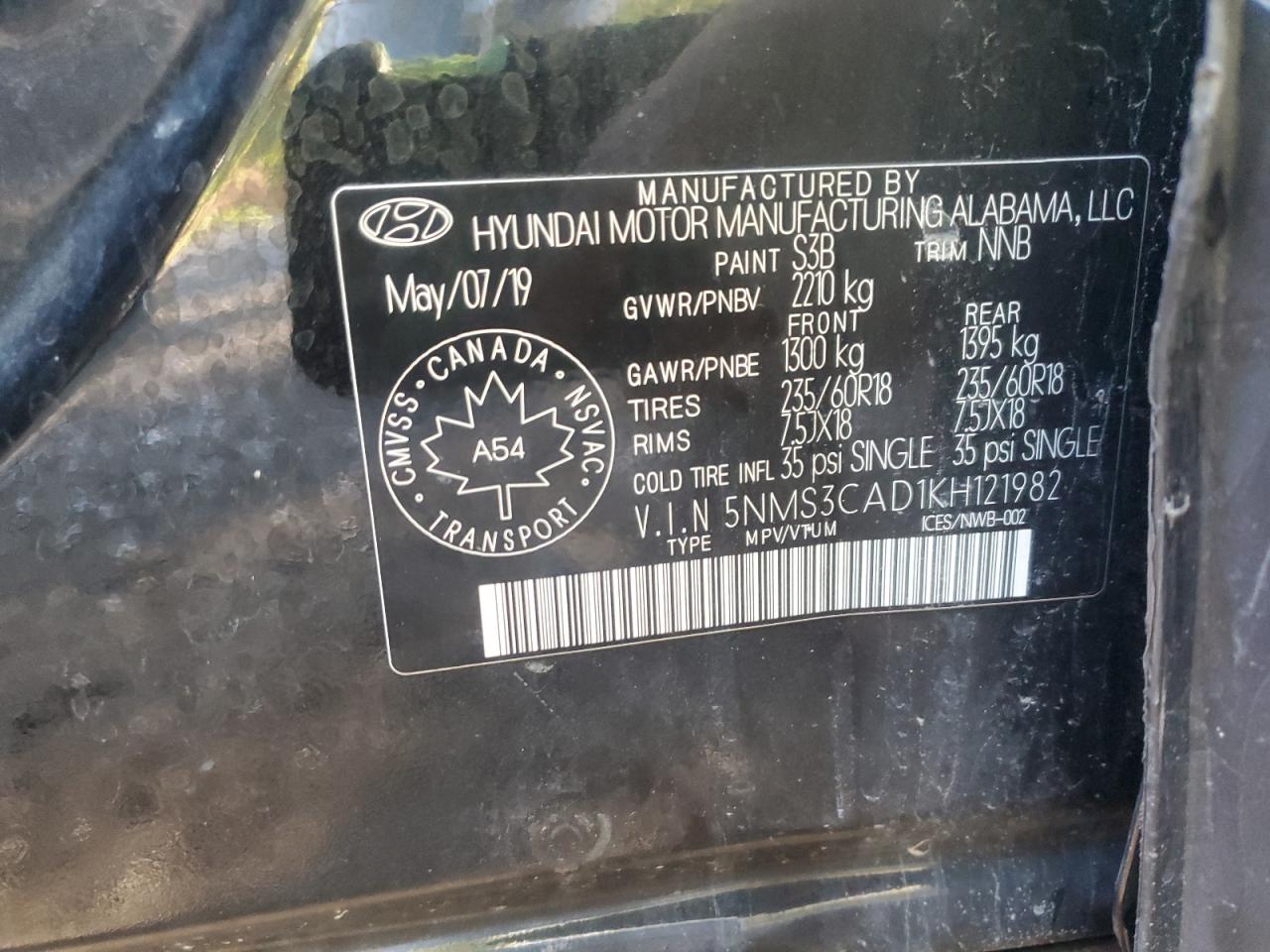 2019 Hyundai Santa Fe Sel VIN: 5NMS3CAD1KH121982 Lot: 84900695