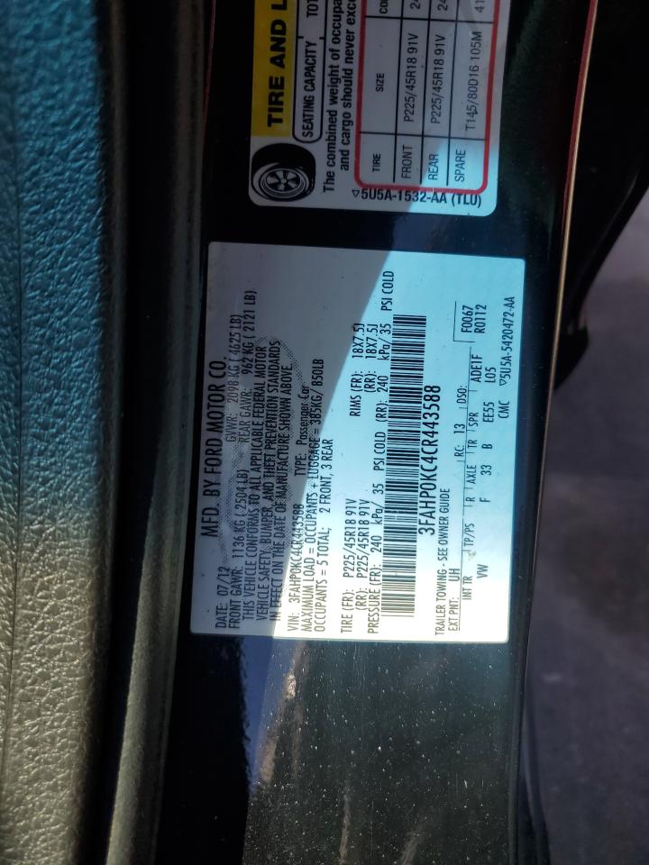 2012 Ford Fusion Sport VIN: 3FAHP0KC4CR443588 Lot: 84745255