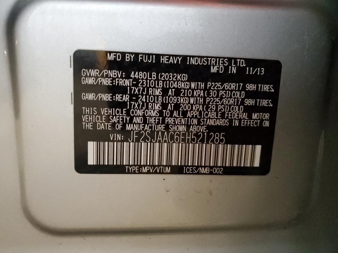 2014 Subaru Forester 2.5I VIN: JF2SJAAC6EH521285 Lot: 82318445