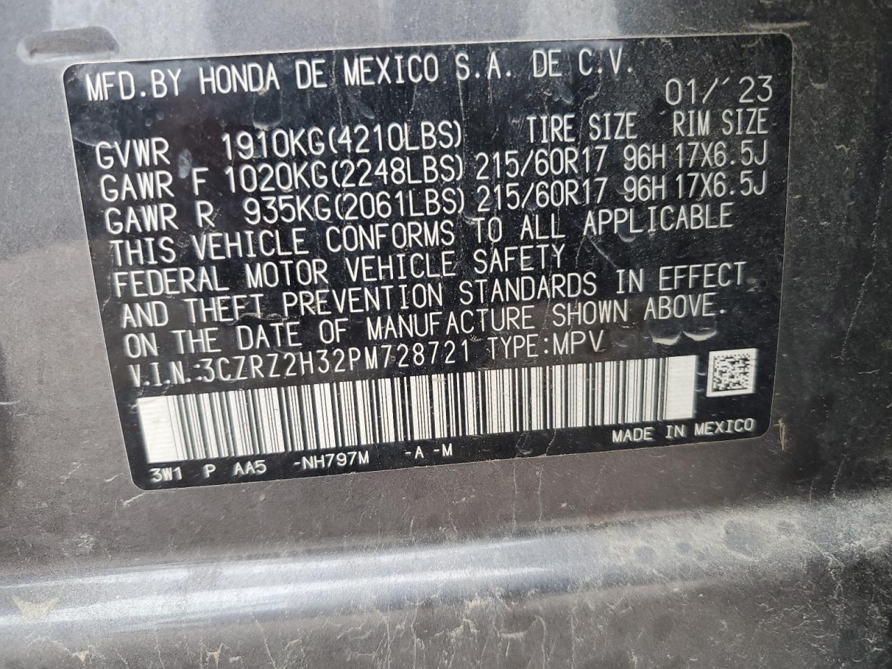 2023 Honda Hr-V Lx VIN: 3CZRZ2H32PM728721 Lot: 85557805