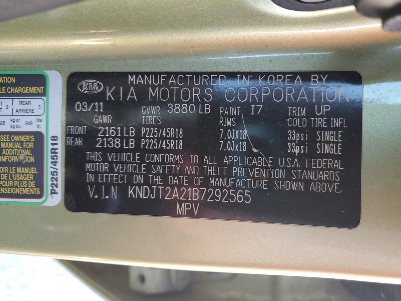 2011 Kia Soul + VIN: KNDJT2A21B7292565 Lot: 89538305