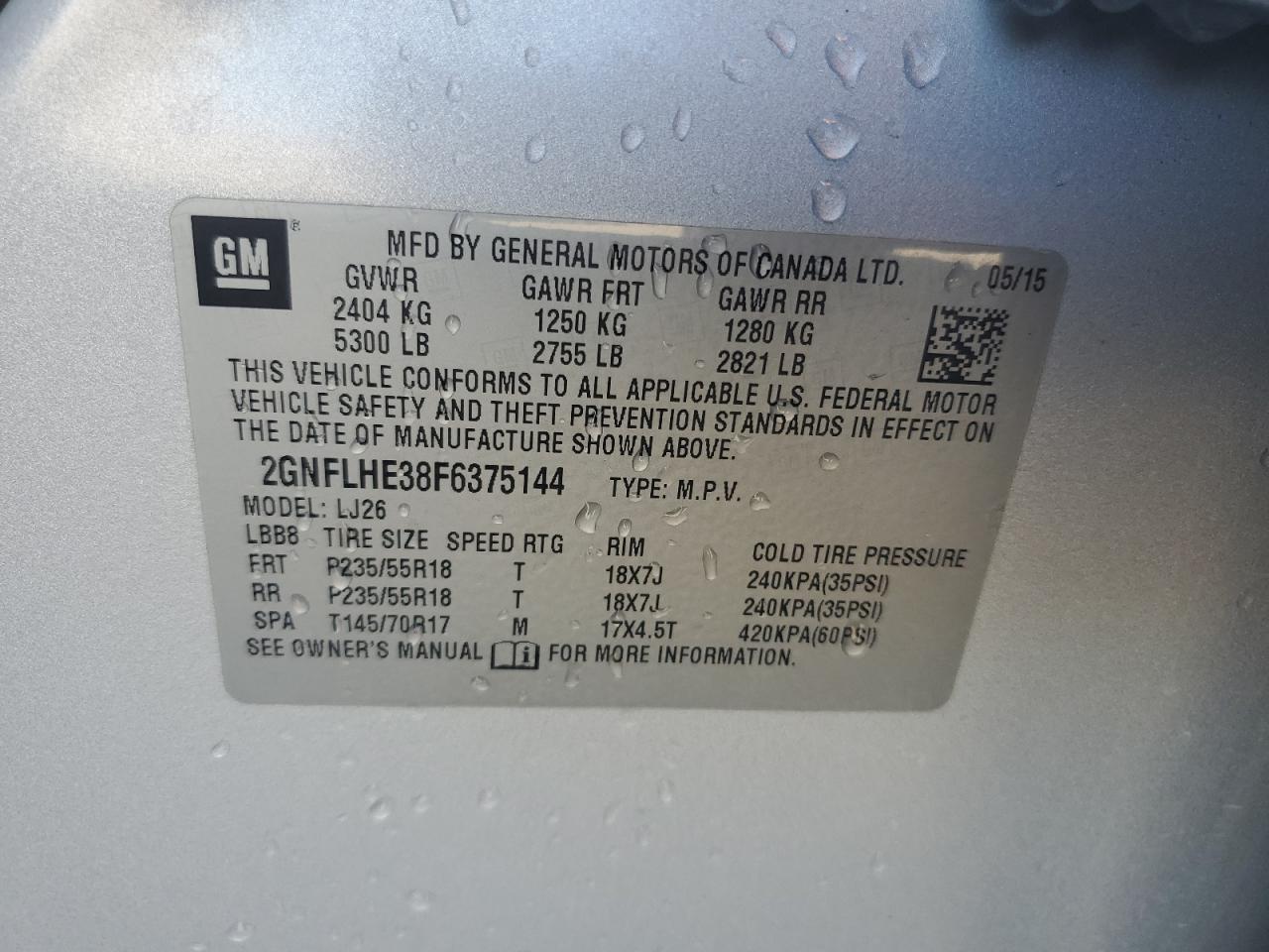 2015 Chevrolet Equinox Ltz VIN: 2GNFLHE38F6375144 Lot: 81336135