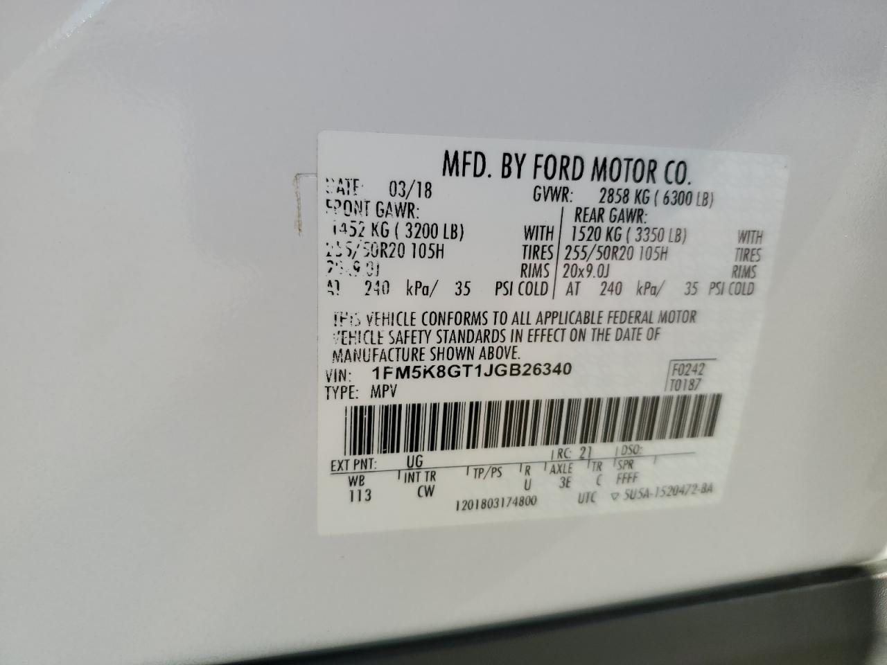 2018 Ford Explorer Sport VIN: 1FM5K8GT1JGB26340 Lot: 86057085