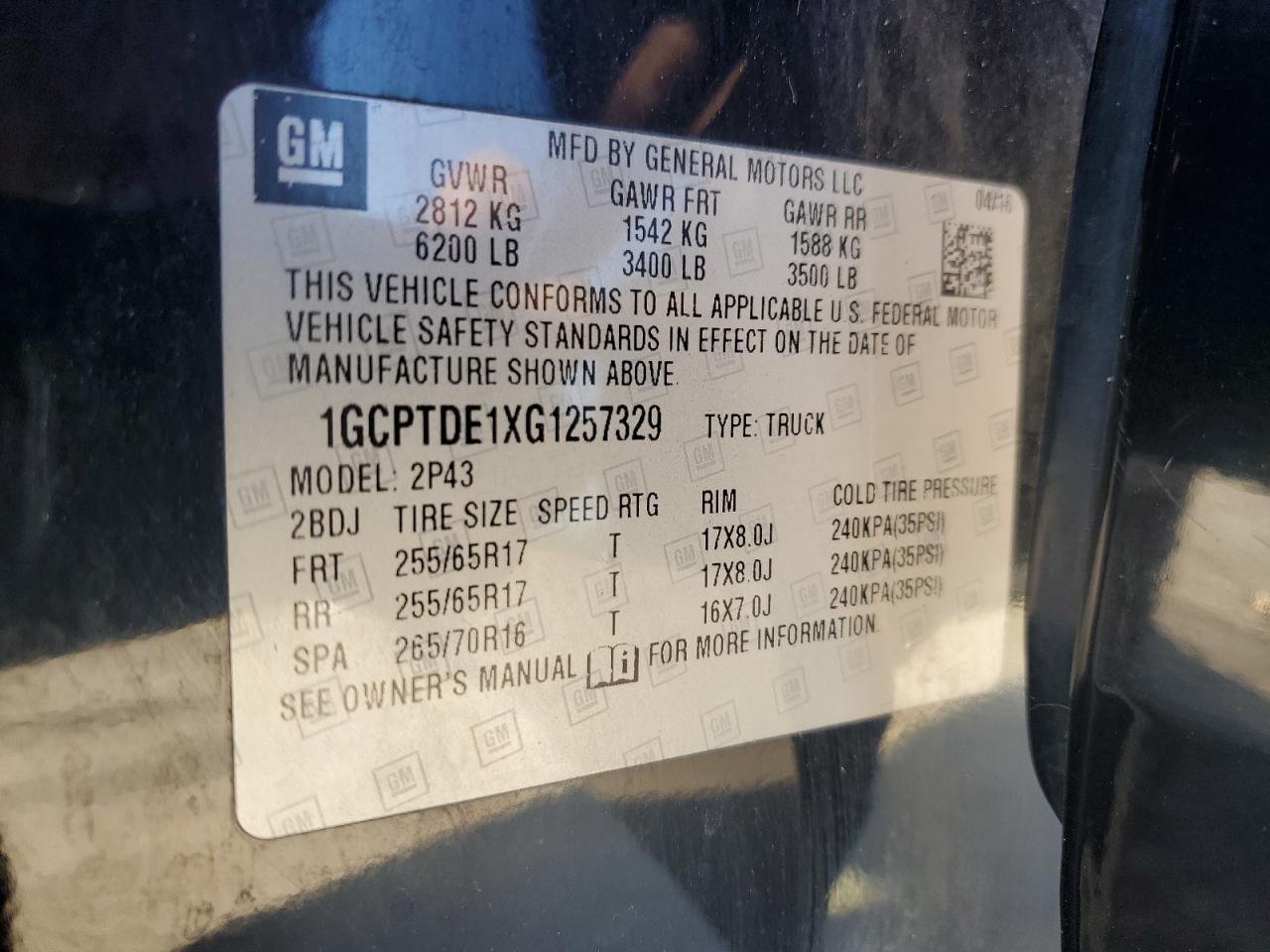 2016 Chevrolet Colorado Z71 VIN: 1GCPTDE1XG1257329 Lot: 86147265