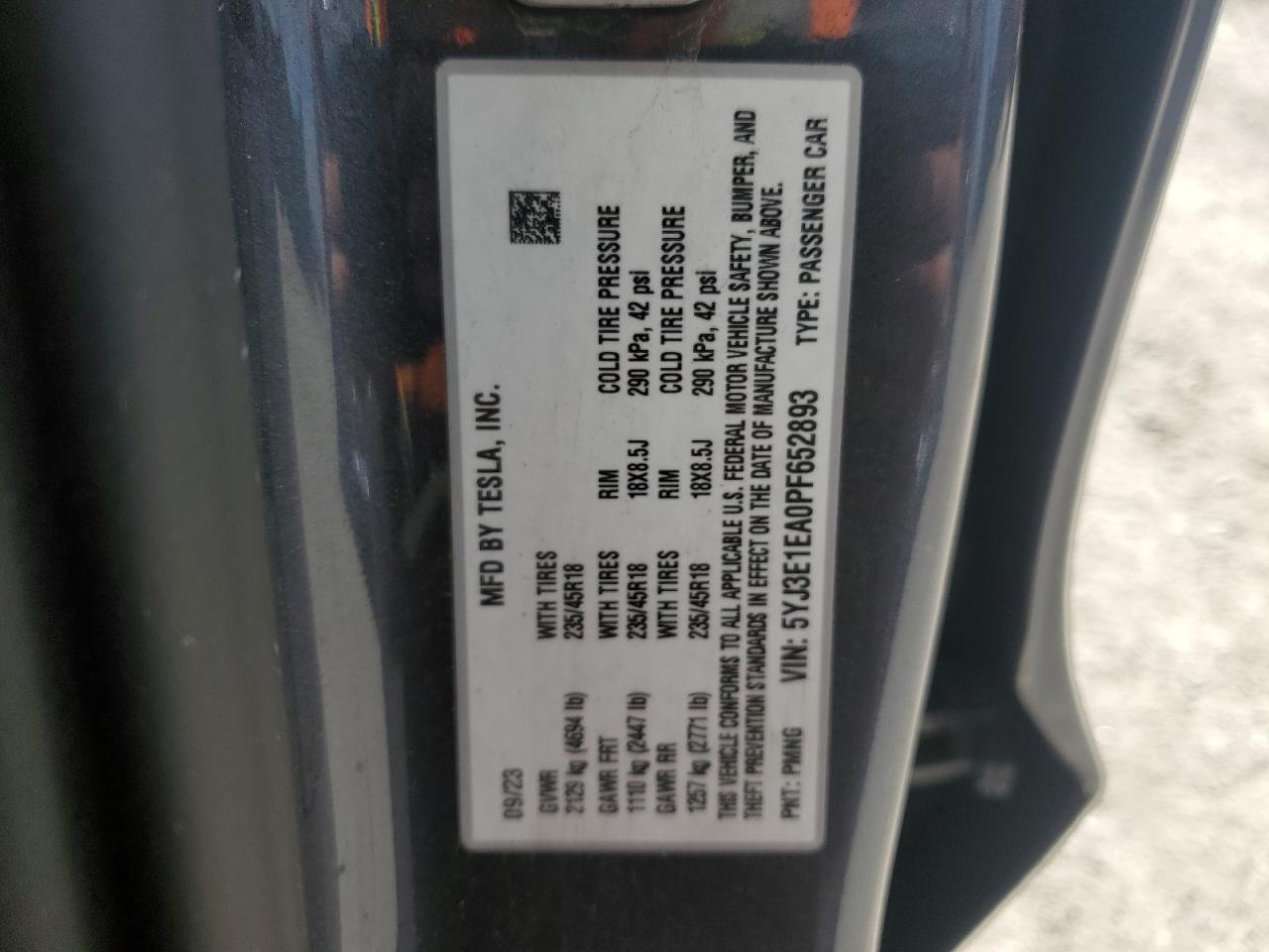 2023 Tesla Model 3 VIN: 5YJ3E1EA0PF652893 Lot: 85750725