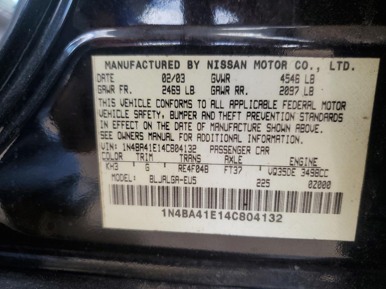 2004 Nissan Maxima Se VIN: 1N4BA41E14C804132 Lot: 86610055