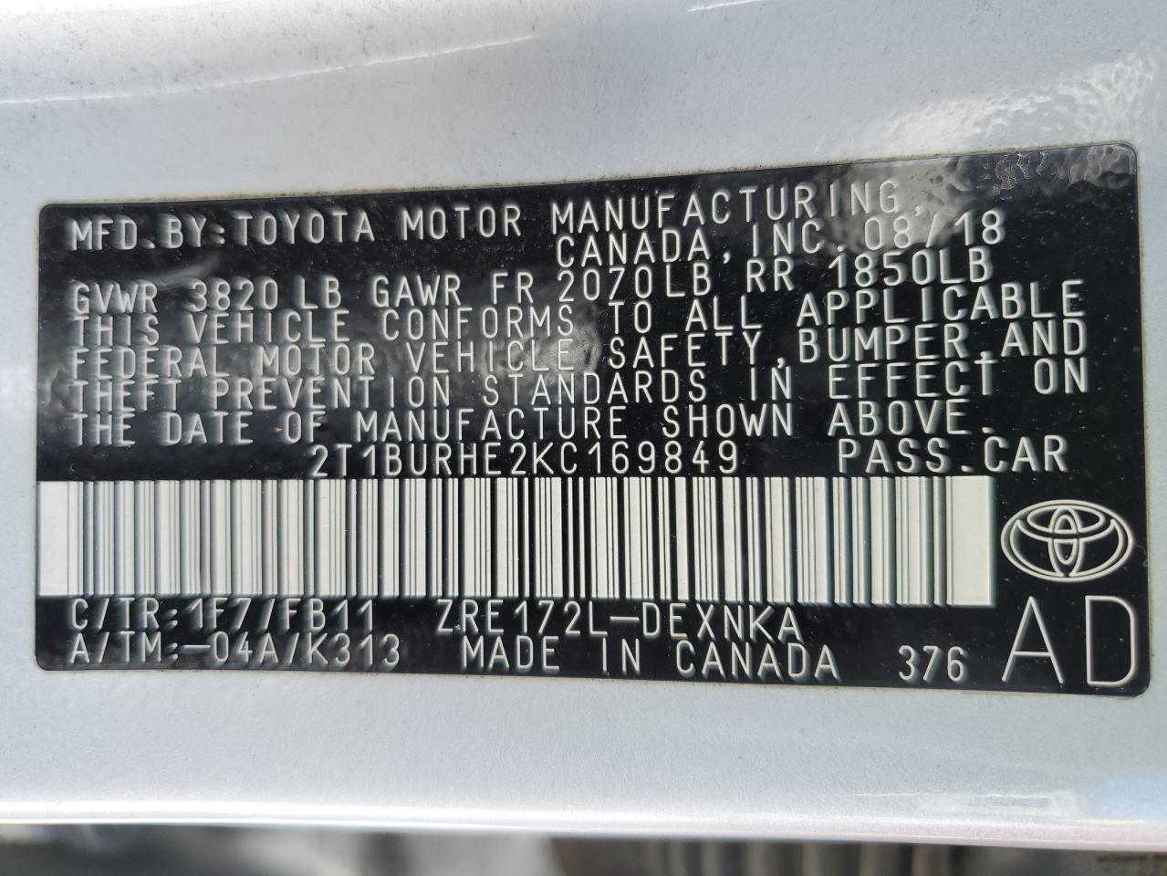 2019 Toyota Corolla L VIN: 2T1BURHE2KC169849 Lot: 86540605