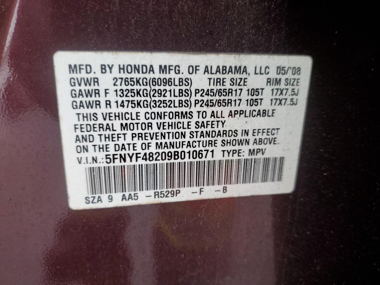 2009 Honda Pilot Lx VIN: 5FNYF48209B010671 Lot: 82422995
