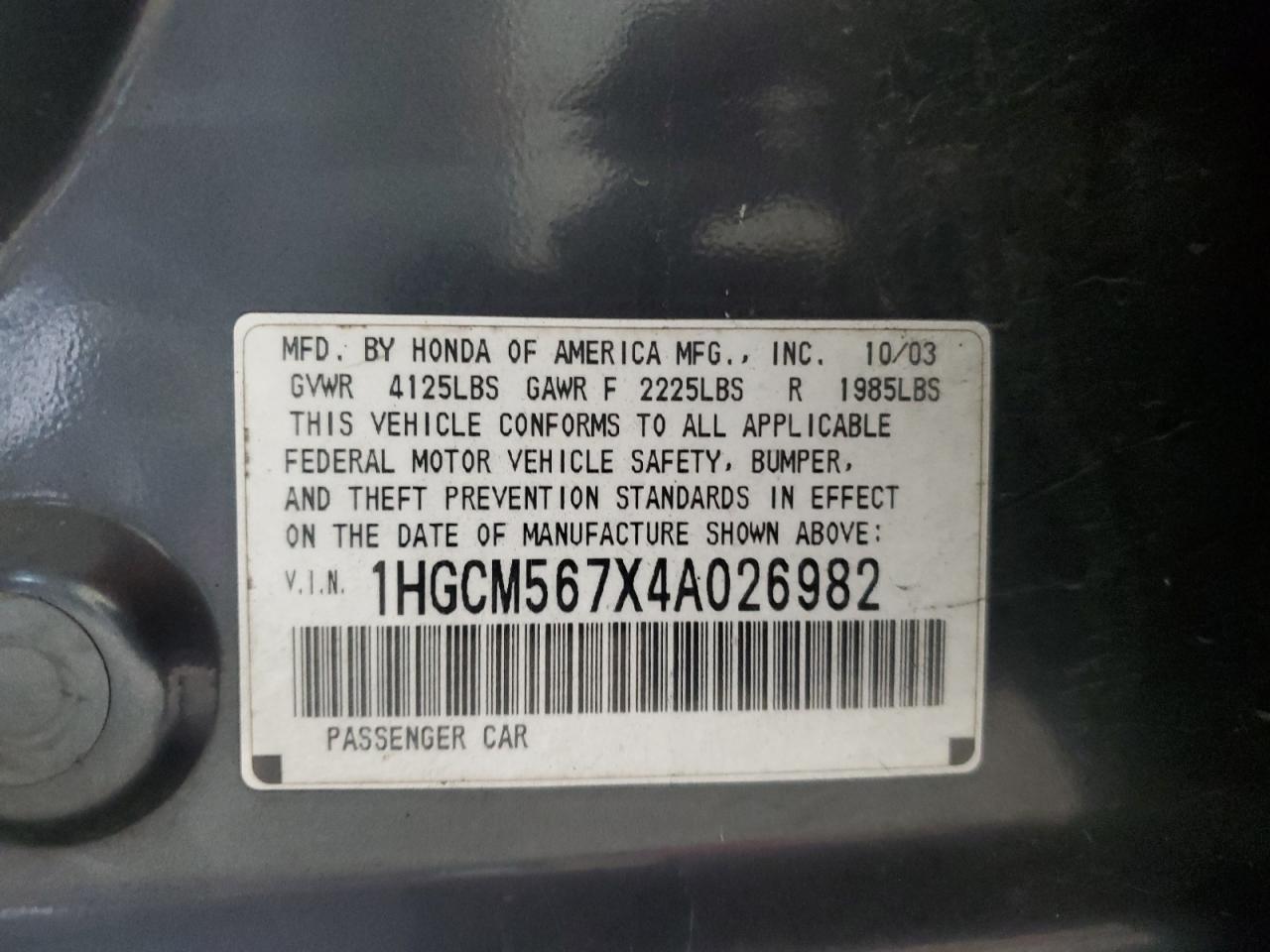 2004 Honda Accord Ex VIN: 1HGCM567X4A026982 Lot: 85120375