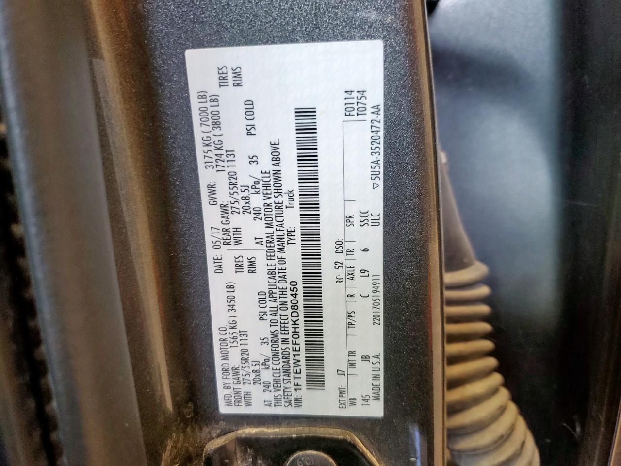 2017 Ford F150 Supercrew VIN: 1FTEW1EF0HKD80450 Lot: 85311915