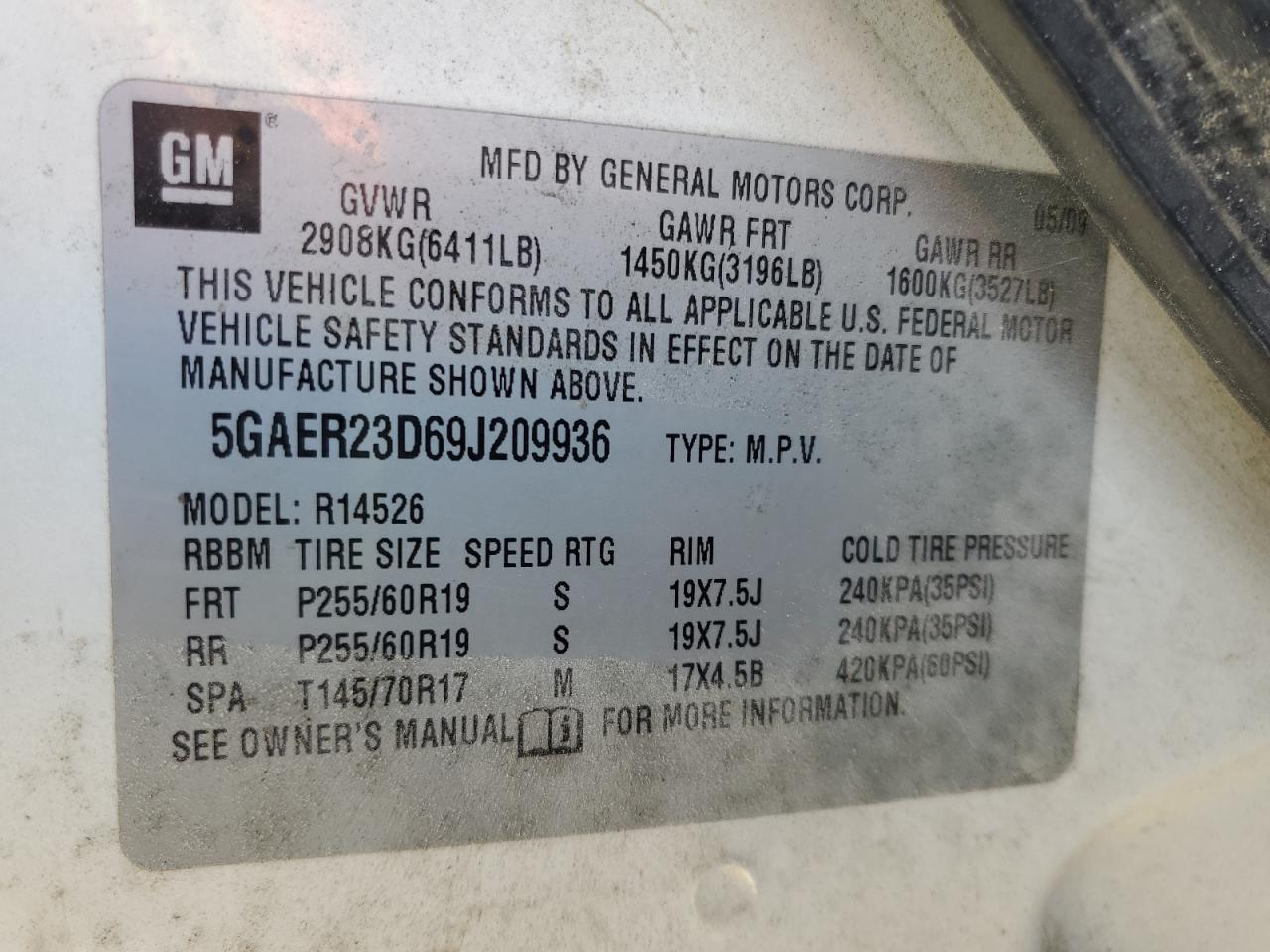 2009 Buick Enclave Cxl VIN: 5GAER23D69J209936 Lot: 87237365