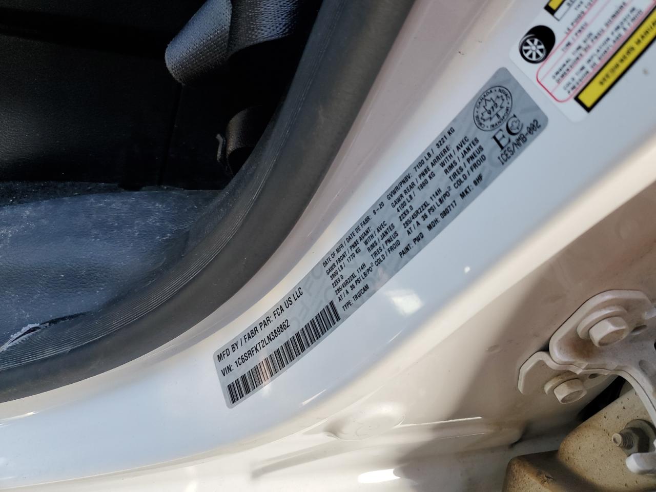 2020 Ram 1500 Longhorn VIN: 1C6SRFKT2LN389862 Lot: 84192295