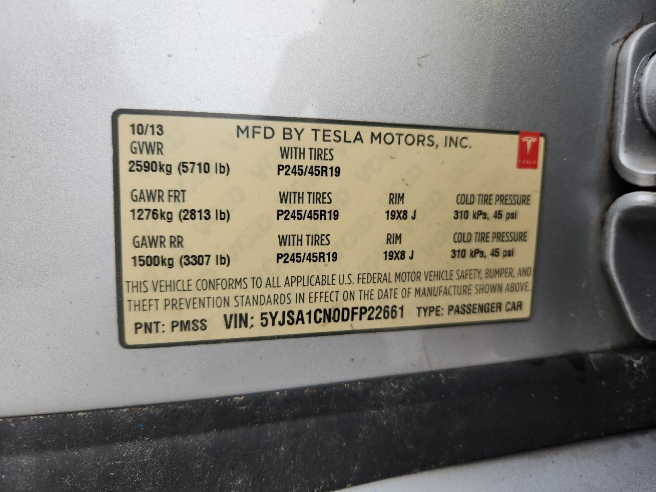 2013 Tesla Model S VIN: 5YJSA1CN0DFP22661 Lot: 86866825