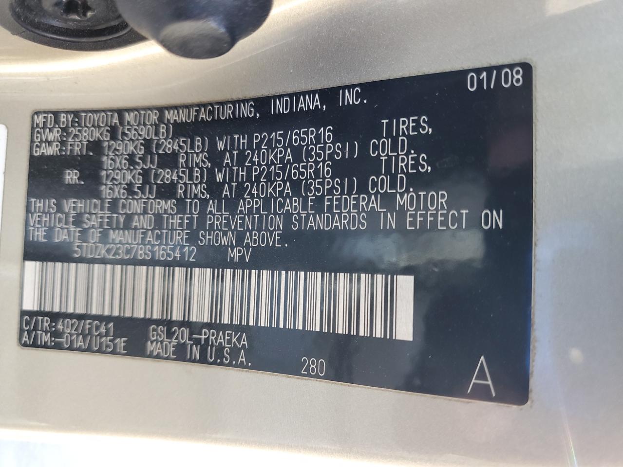 2008 Toyota Sienna Ce VIN: 5TDZK23C78S165412 Lot: 82175335