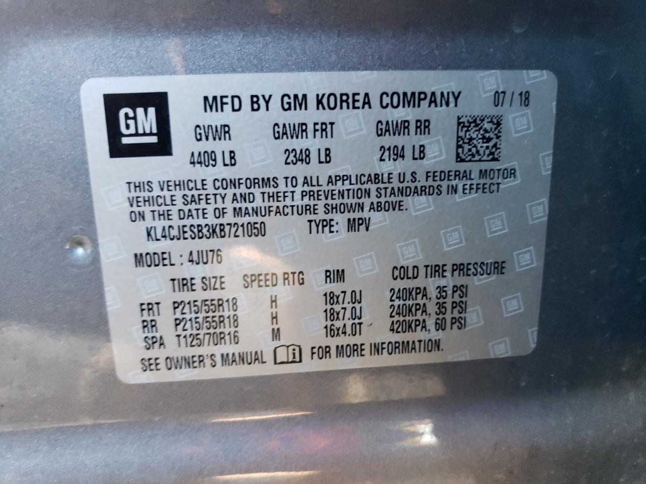 2019 Buick Encore Preferred VIN: KL4CJESB3KB721050 Lot: 89861485