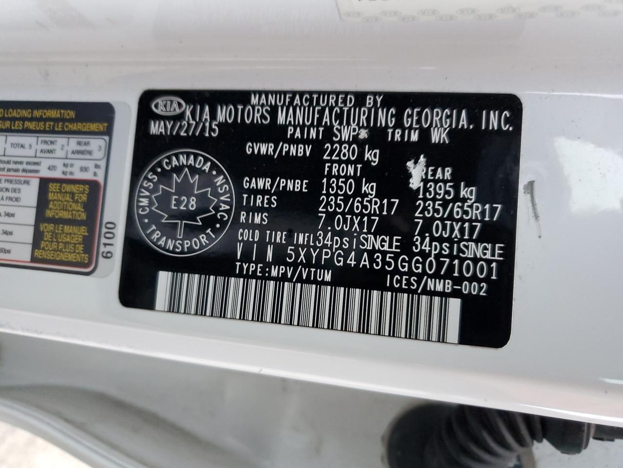 2016 Kia Sorento Lx VIN: 5XYPG4A35GG071001 Lot: 85515205