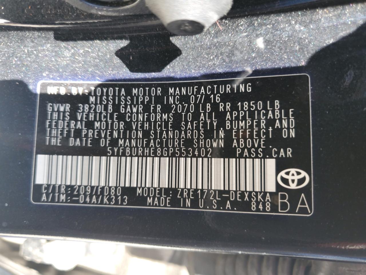 2016 Toyota Corolla L VIN: 5YFBURHE8GP553402 Lot: 84000535