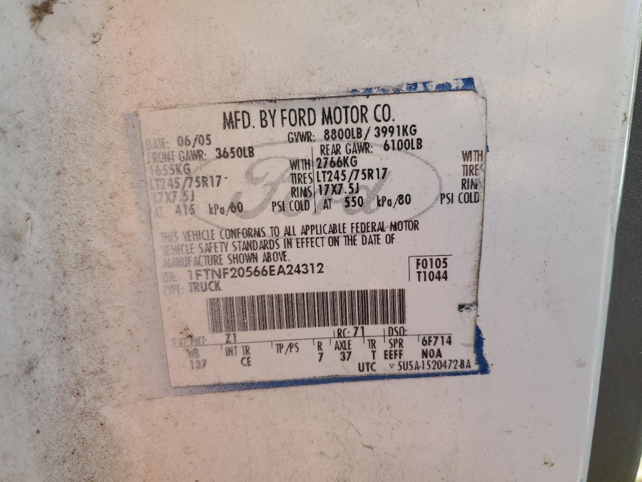 2006 Ford F250 Super Duty VIN: 1FTNF20566EA24312 Lot: 85496365