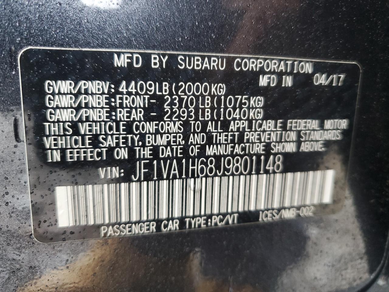 2018 Subaru Wrx Limited VIN: JF1VA1H68J9801148 Lot: 86071515