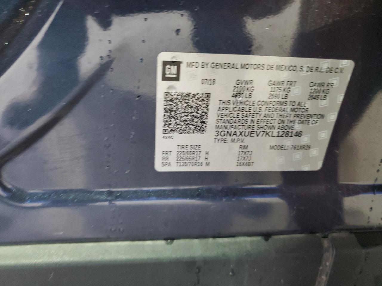 2019 Chevrolet Equinox Lt VIN: 3GNAXUEV7KL128146 Lot: 89824145