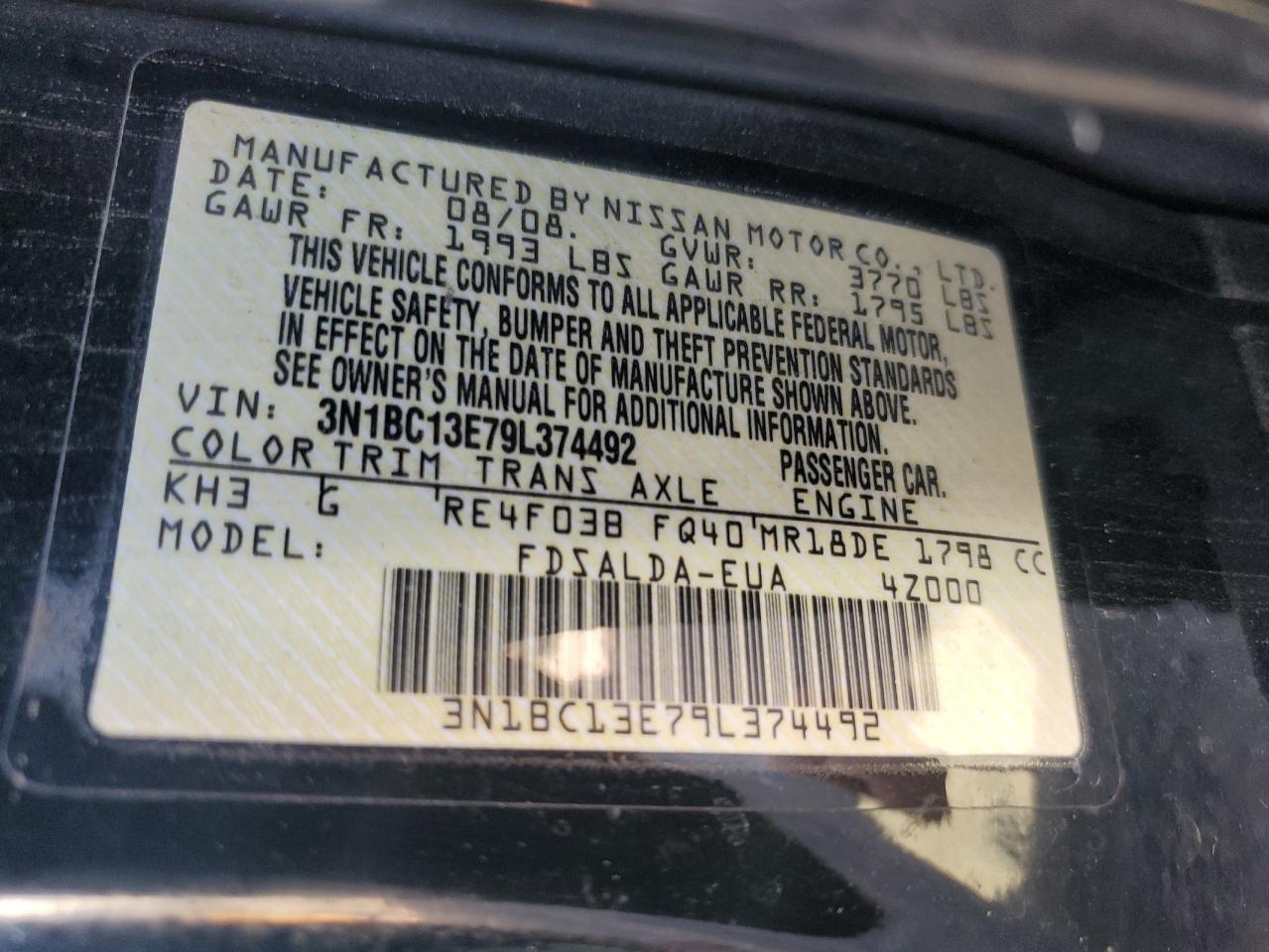 2009 Nissan Versa S VIN: 3N1BC13E79L374492 Lot: 82316195