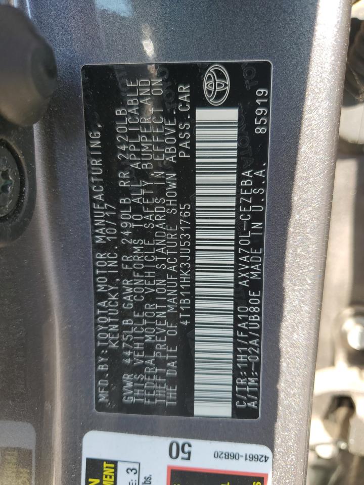 2018 Toyota Camry L VIN: 4T1B11HK3JU531765 Lot: 85648465