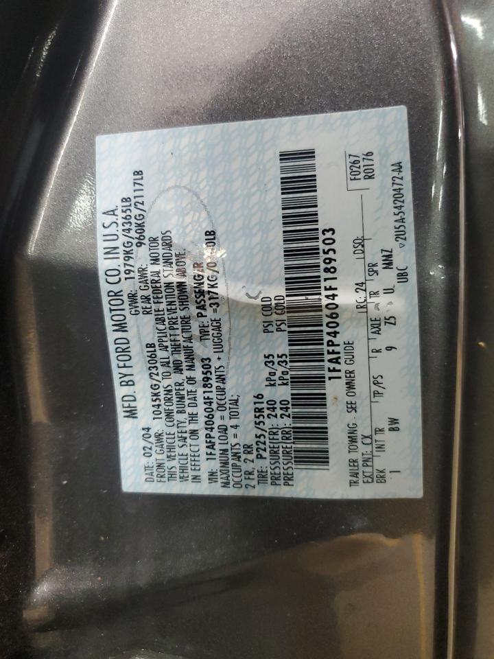 2004 Ford Mustang VIN: 1FAFP40604F189503 Lot: 69671295