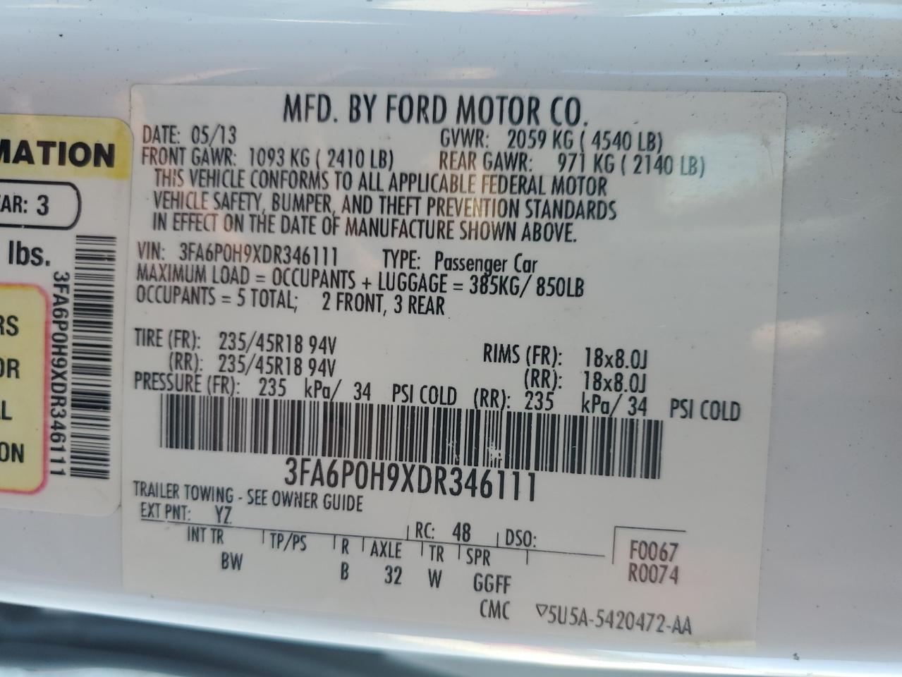 2013 Ford Fusion Se VIN: 3FA6P0H9XDR346111 Lot: 85092175