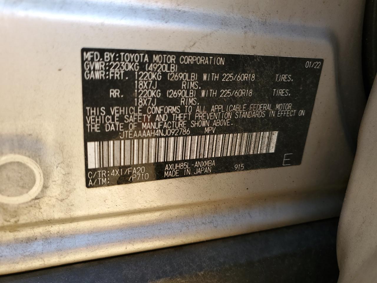 2022 Toyota Venza Le VIN: JTEAAAAH4NJ092786 Lot: 90382295