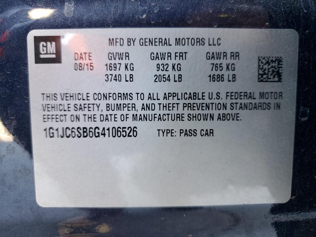 2016 Chevrolet Sonic Lt VIN: 1G1JC6SB6G4106526 Lot: 85286085