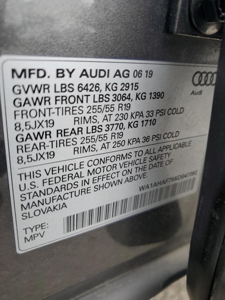 2019 Audi Q7 Premium VIN: WA1AHAF75KD047392 Lot: 82167975