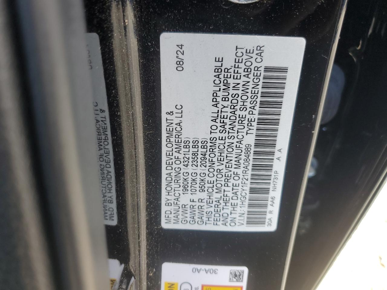 2024 Honda Accord Lx VIN: 1HGCY1F21RA084889 Lot: 81706885