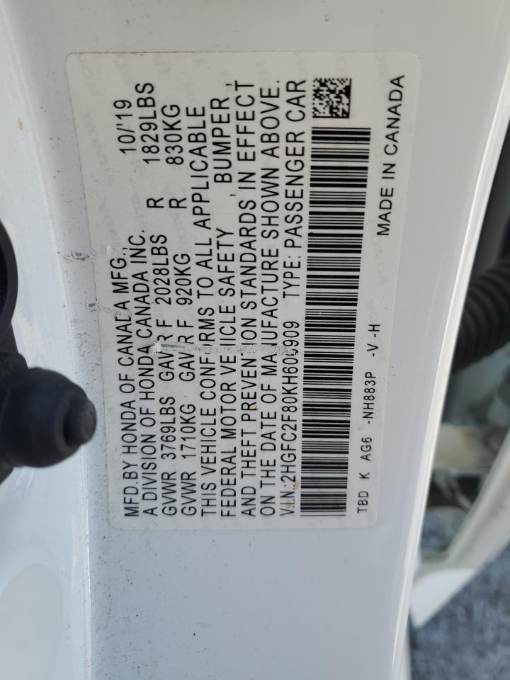 2019 Honda Civic Sport VIN: 2HGFC2F80KH606909 Lot: 82440745