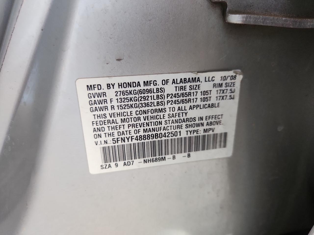 2009 Honda Pilot Touring VIN: 5FNYF48889B042501 Lot: 82244955