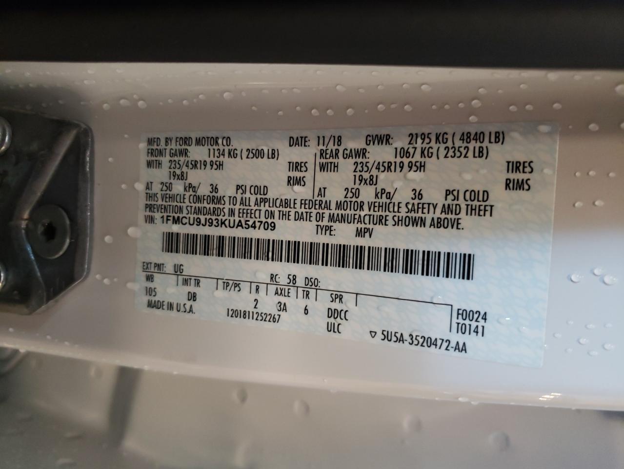 2019 Ford Escape Titanium VIN: 1FMCU9J93KUA54709 Lot: 85833925