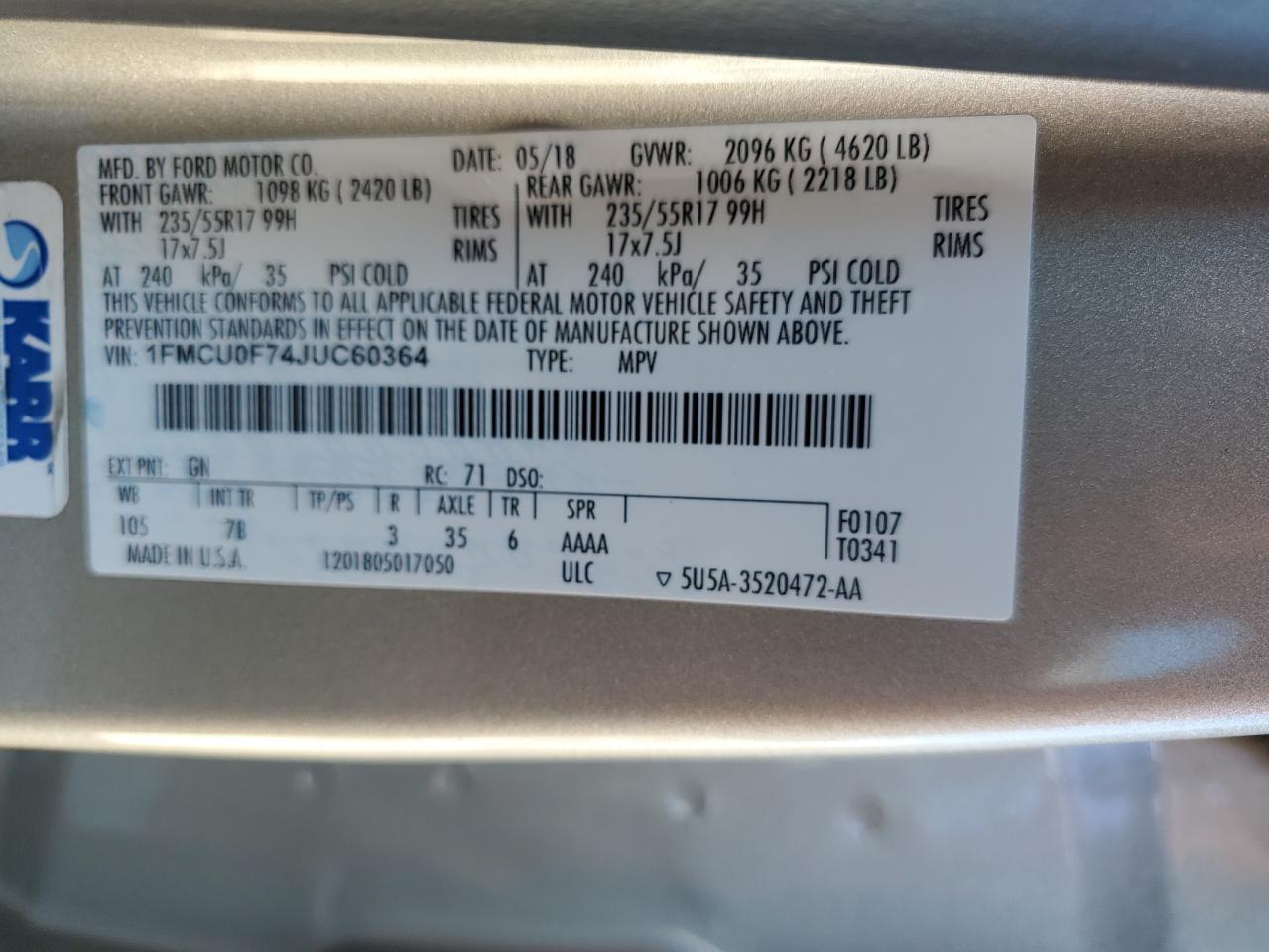 2018 Ford Escape S VIN: 1FMCU0F74JUC60364 Lot: 87306825