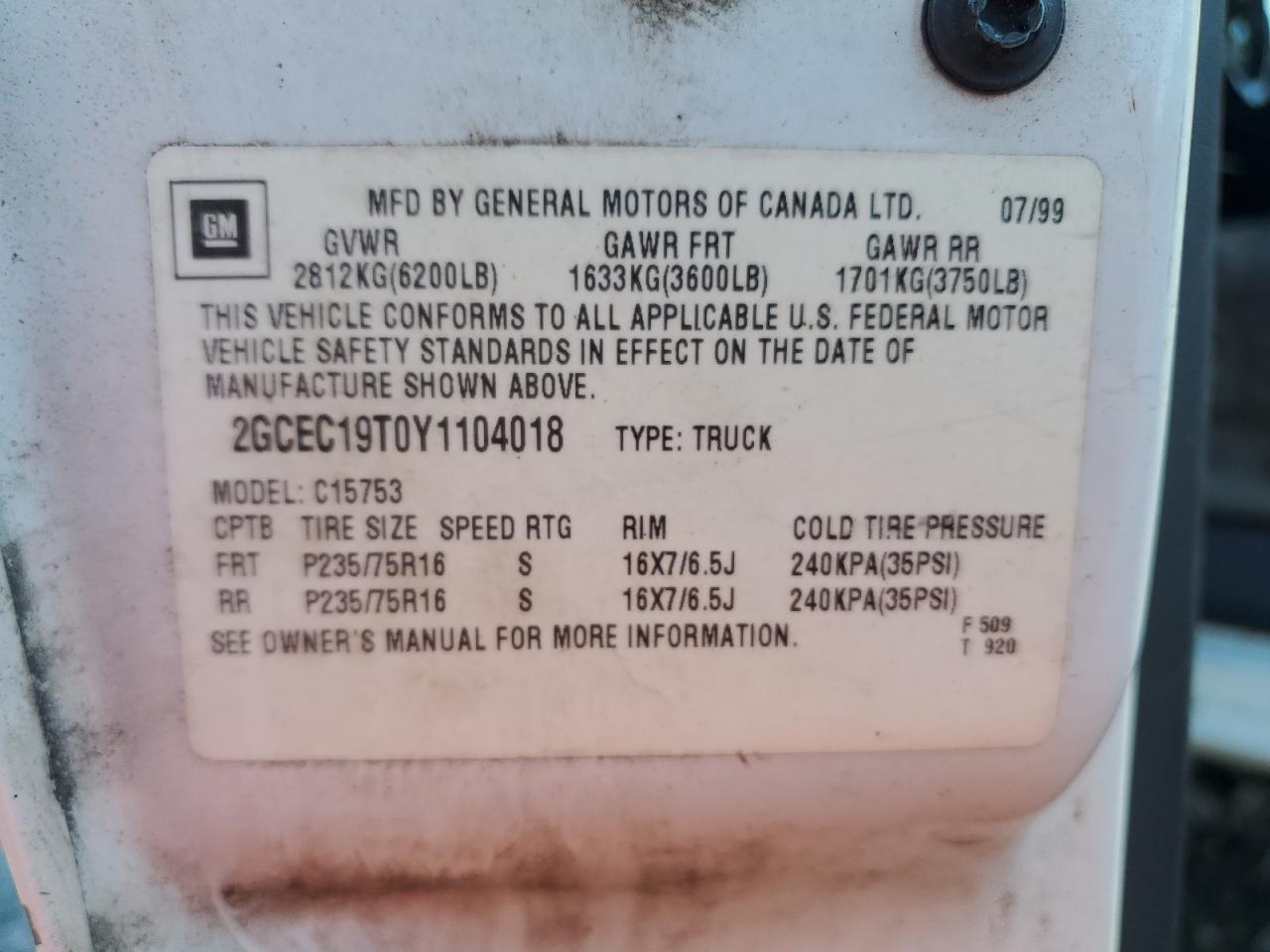 2000 Chevrolet Silverado VIN: 2GCEC19T0Y1104018 Lot: 86139185