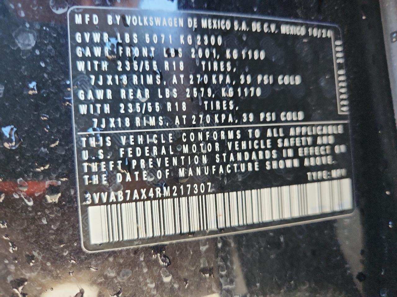 2024 Volkswagen Tiguan Wolfsburg VIN: 3VVAB7AX4RM217307 Lot: 87285815
