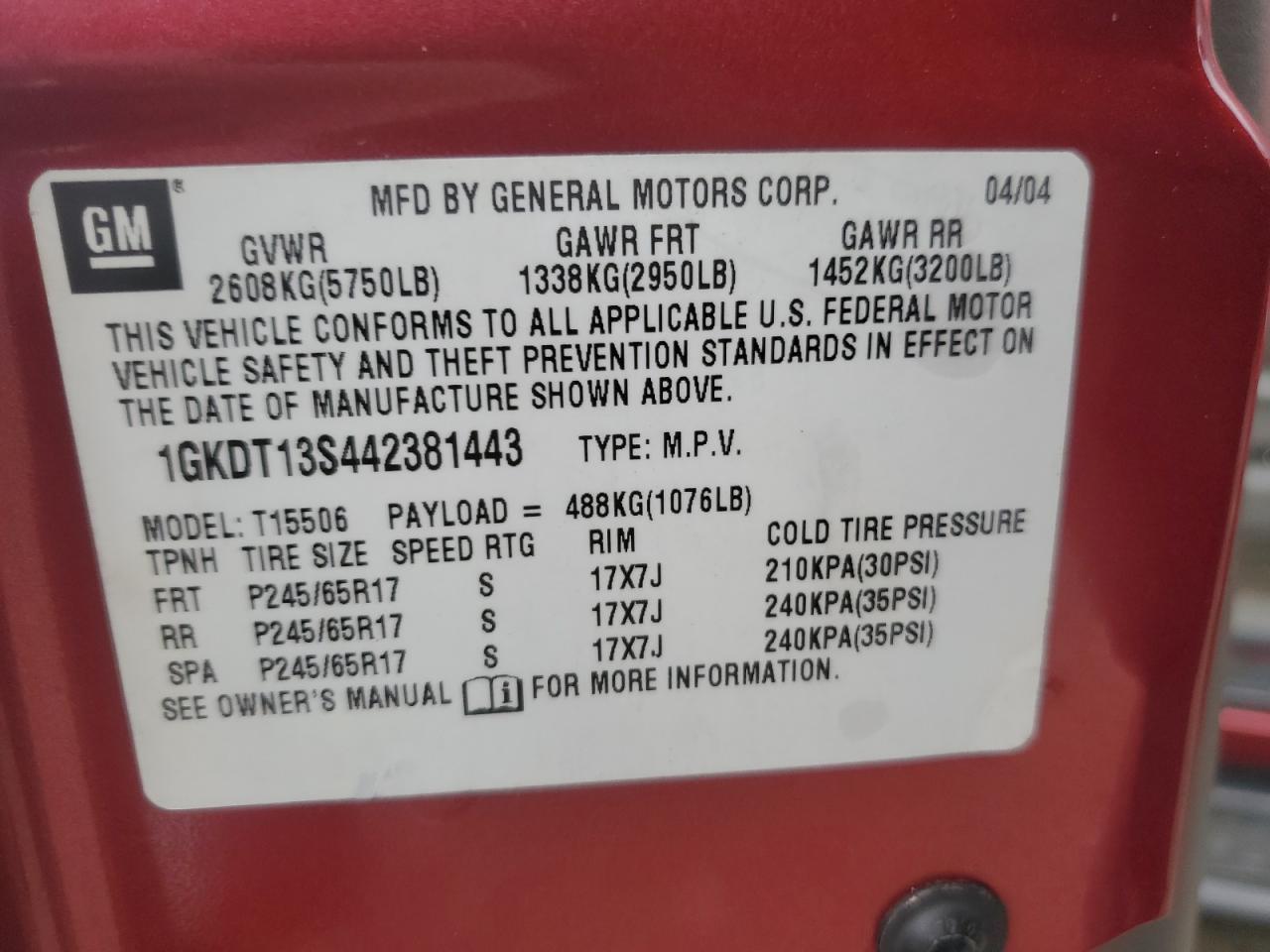 2004 GMC Envoy VIN: 1GKDT13S442381443 Lot: 84765225