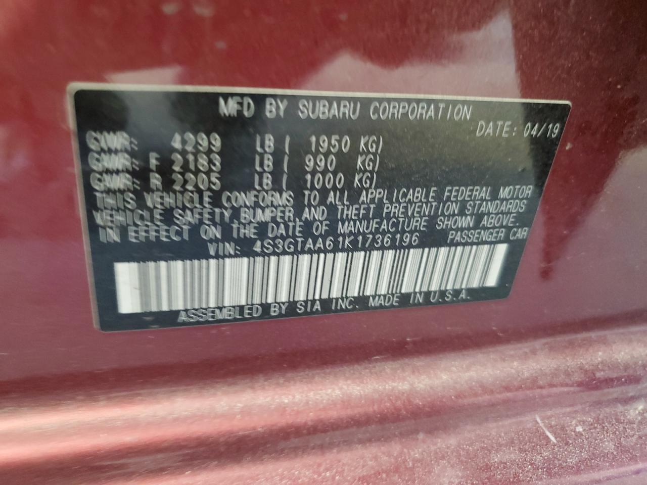 2019 Subaru Impreza VIN: 4S3GTAA61K1736196 Lot: 84775745