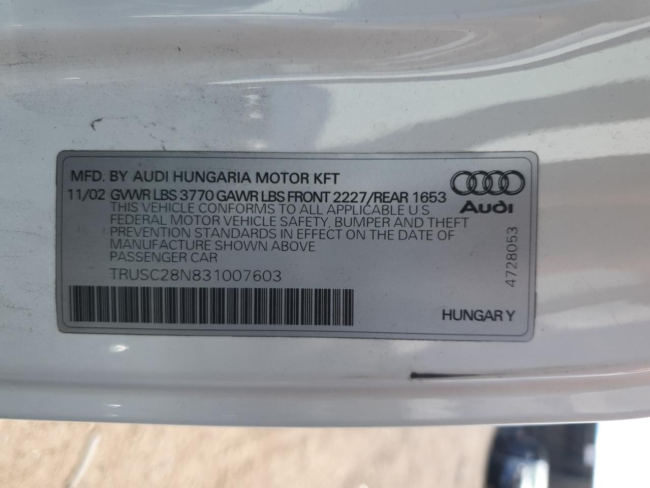 2003 Audi Tt VIN: TRUSC28N831007603 Lot: 82530545