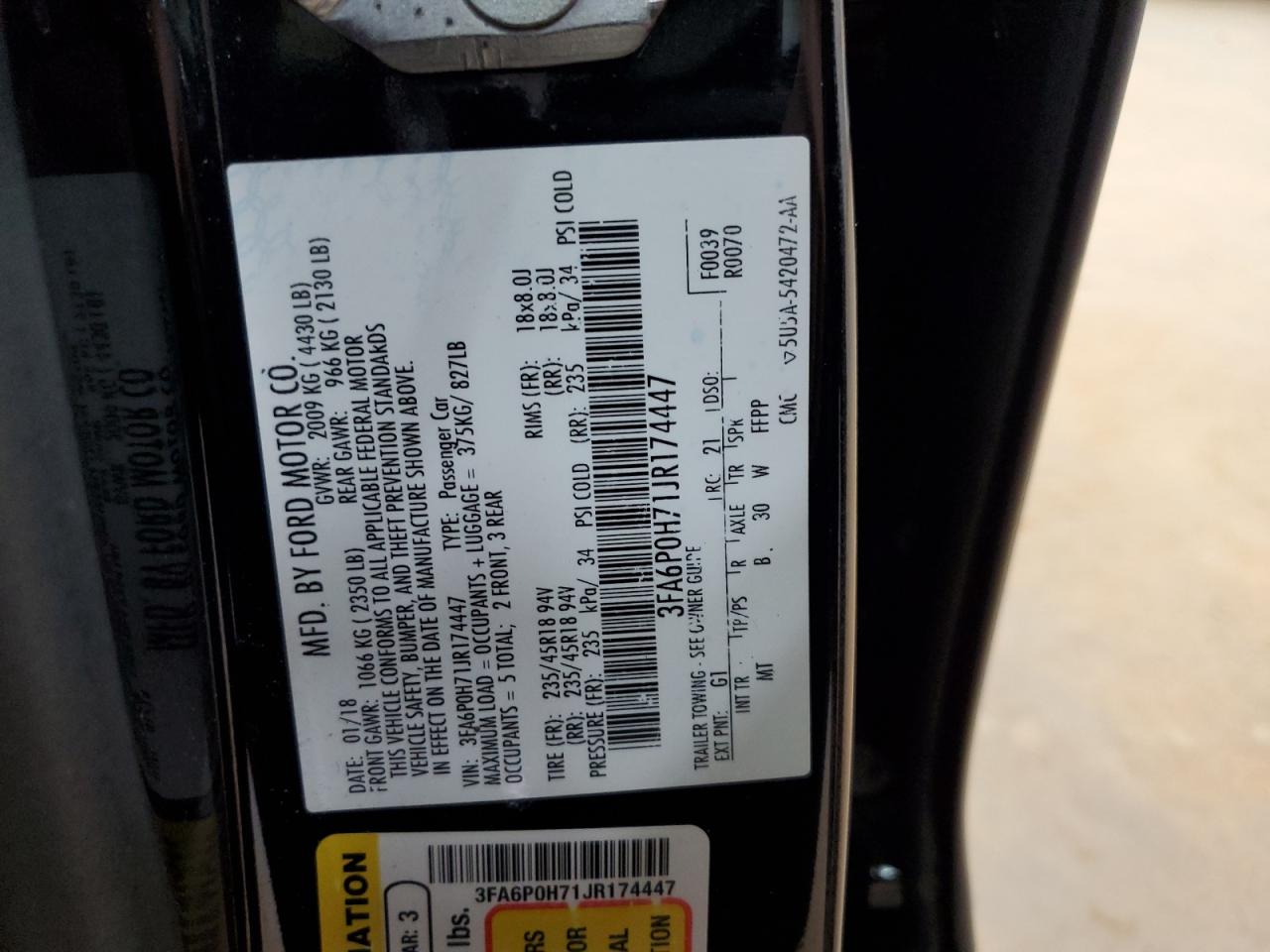 2018 Ford Fusion Se VIN: 3FA6P0H71JR174447 Lot: 86778755